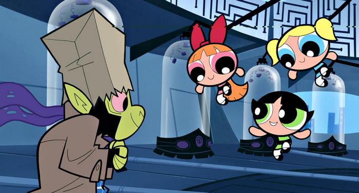 The Powerpuff Girls and Mojo Jojo in a laboratory