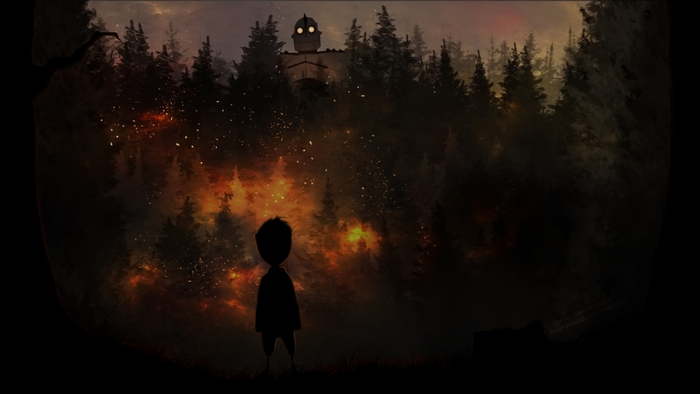 Boy watches giant robot in burning forest
