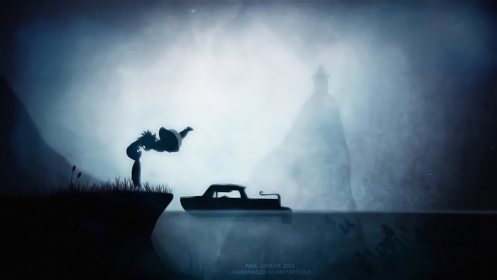 Silhouette of a person jumping over a car in Limbo