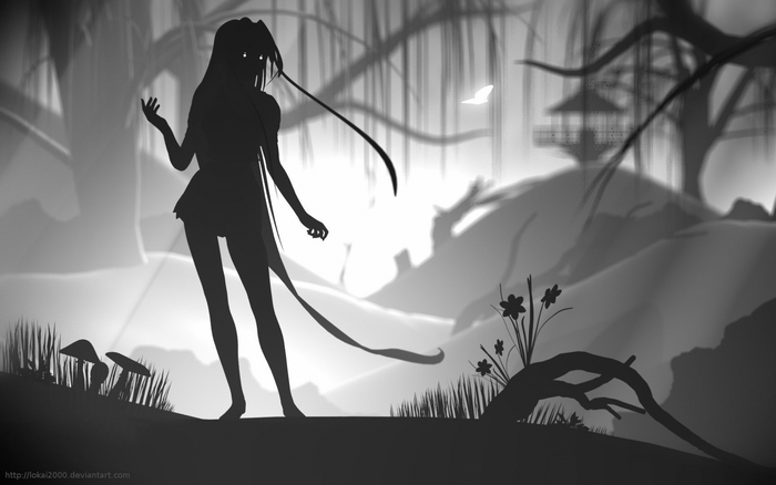 Silhouette of a girl in a mystical forest