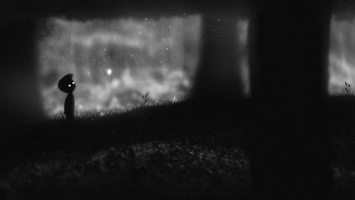 Limbo video game character in dark forest