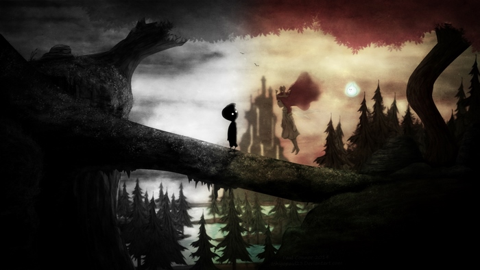 Silhouetted Figures in a Dark Forest with Castle