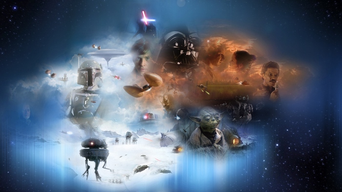 Star Wars collage with Lando Calrissian, Darth Vader, Luke Skywalker, Yoda, Boba Fett