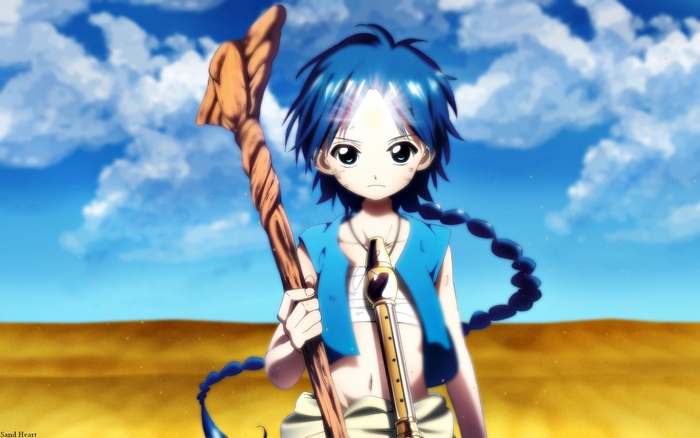 Aladdin from Magi holding a staff and flute