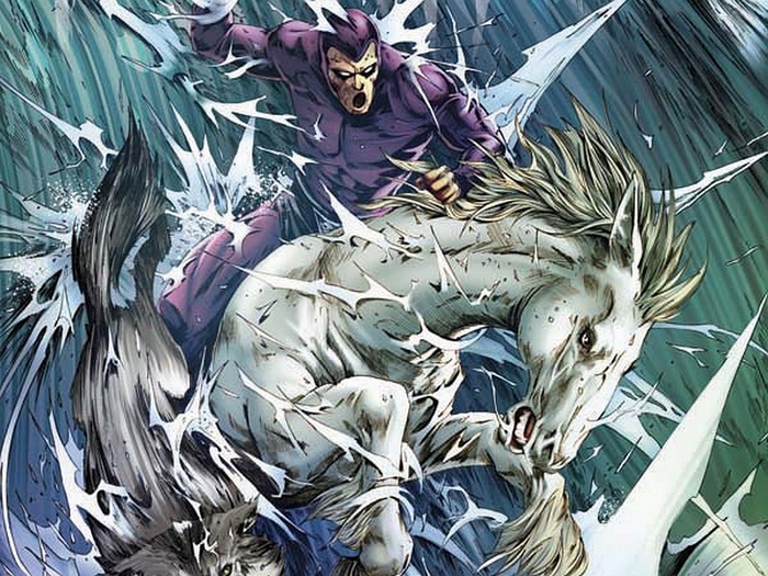 The Phantom riding a white horse through water