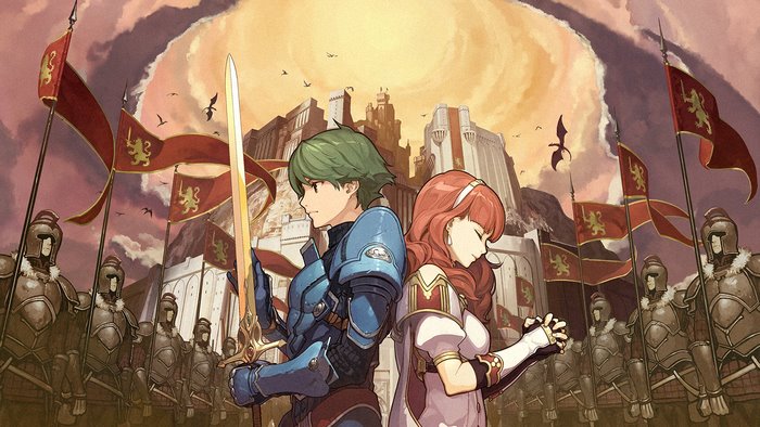 Alm and Celica from Fire Emblem with soldiers and castle