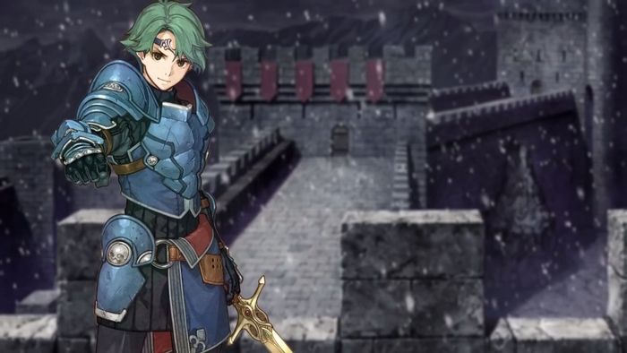 Alm from Fire Emblem in front of a castle