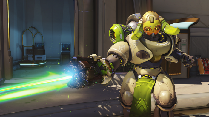 Orisa from Overwatch firing weapon
