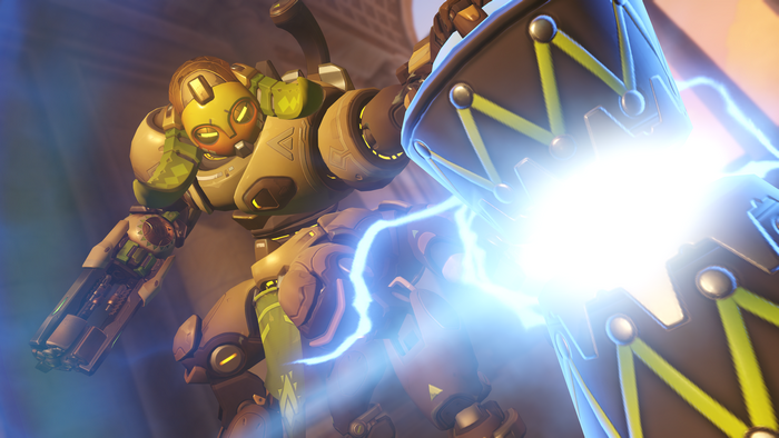 Orisa from Overwatch firing energy weapon