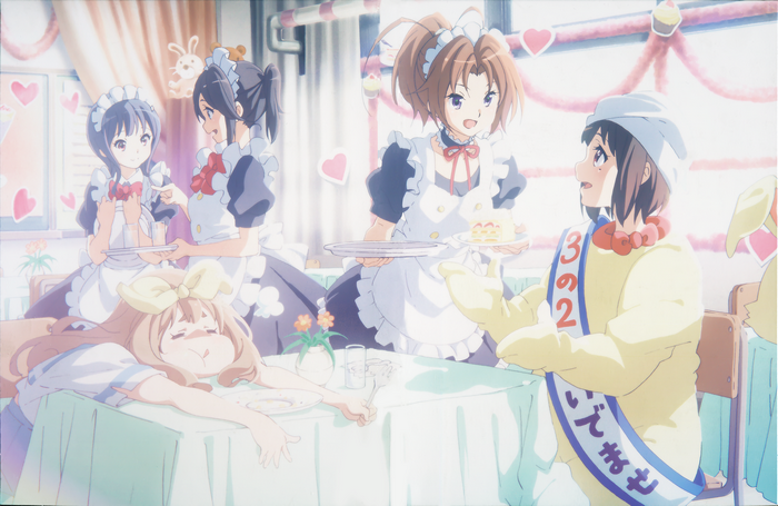 Girls in maid outfits and a chicken costume at a party