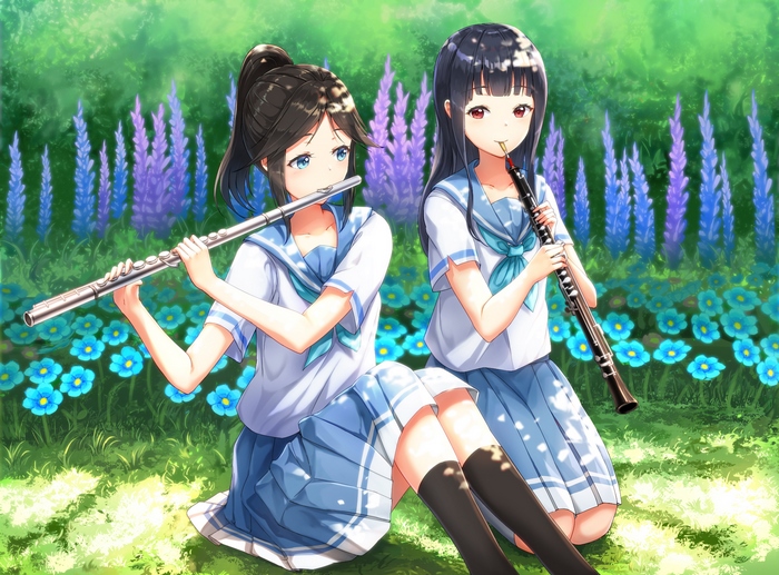 Two girls playing flute and oboe in a field