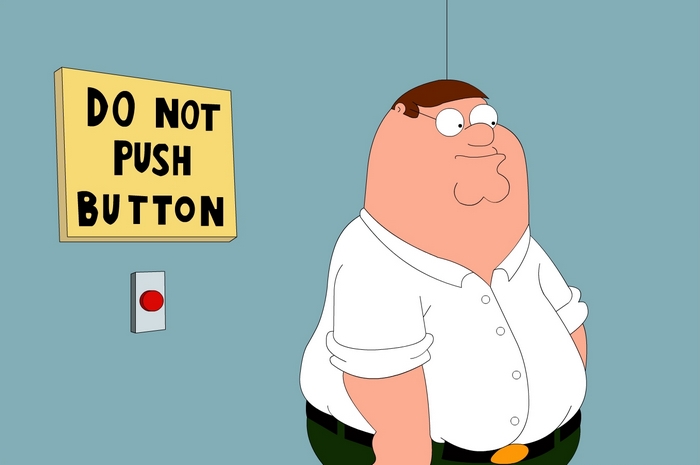 Peter Griffin from Family Guy near a button