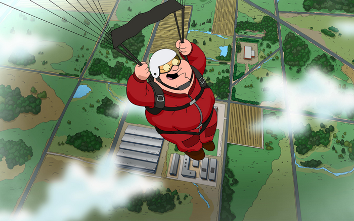 Peter Griffin skydiving over farmland