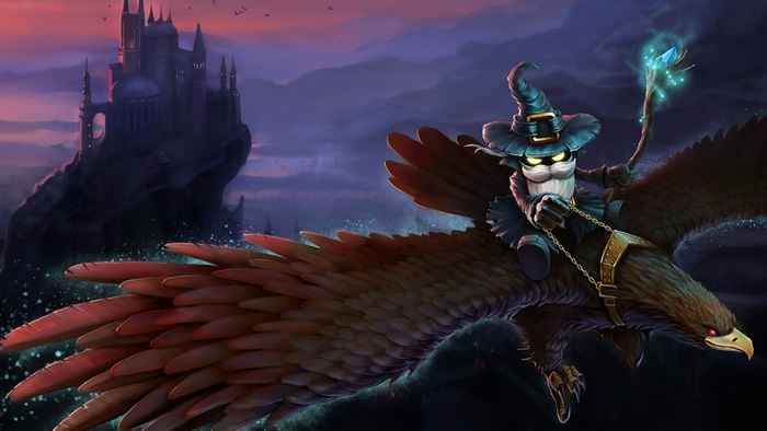 Veigar from League of Legends riding a griffin