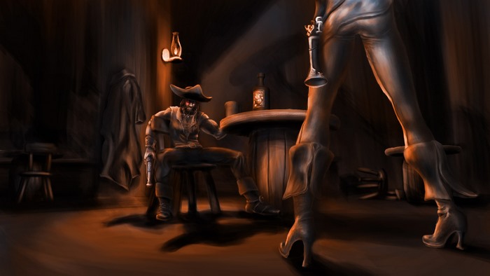 Gangplank from League of Legends in a saloon
