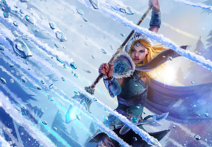 Crystal Maiden from DotA 2 in a snowy battle