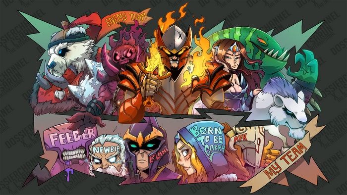 Dota 2 characters in a team battle illustration