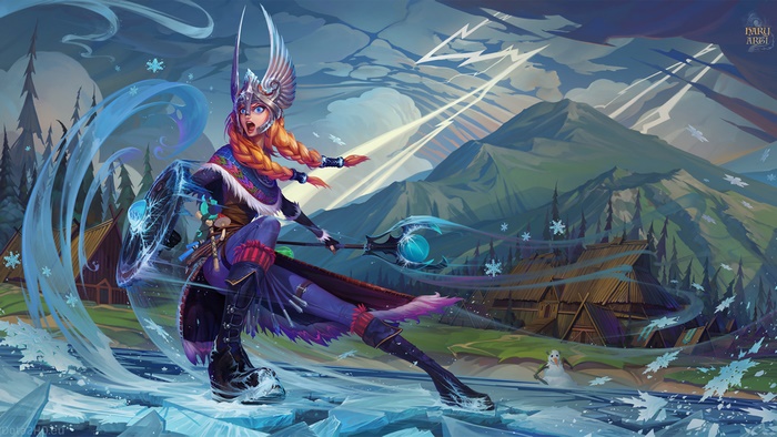 Crystal Maiden from DotA 2 in a winter landscape