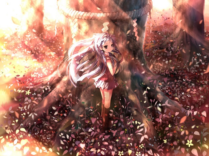 Nagi from Kannagi standing by a tree