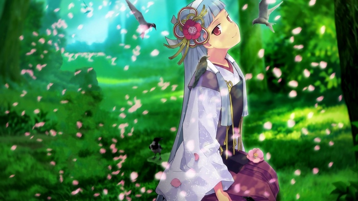 Nagi from Kannagi in a forest with falling petals