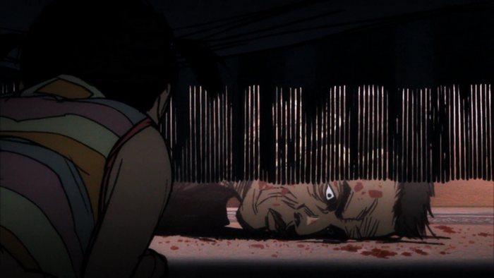 Girl looks at bloody man under a structure