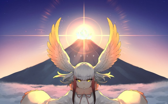 Crested Ibis from Kemono Friends with Mount Fuji