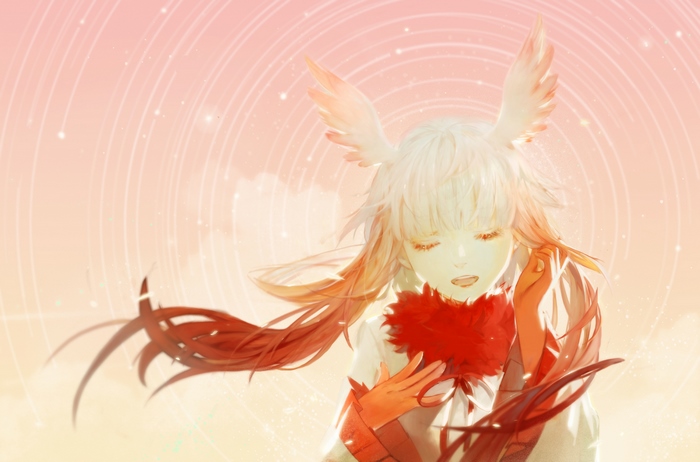 Girl with wings and red feather accessory