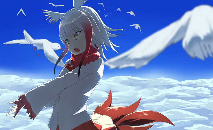 Girl with bird features and tails in the sky