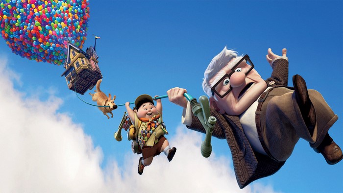 Carl Fredricksen and Russell from Up flying in a house