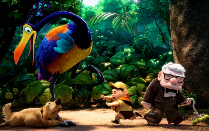 Kevin the bird, Russell, Dug, and Carl from Up