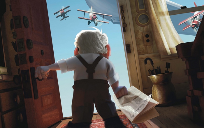 Carl Fredricksen from Up opening a door to biplanes