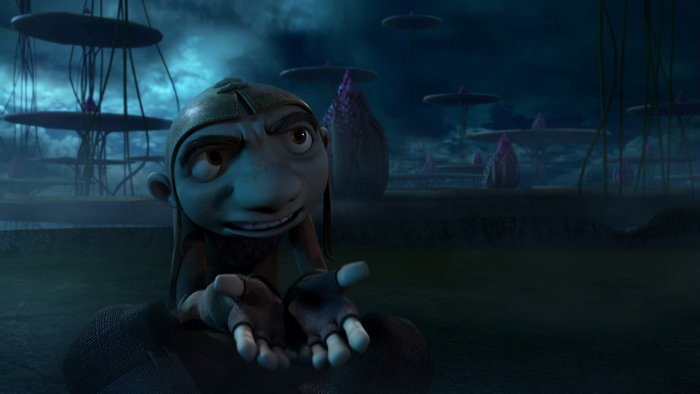 Gwizdo from Dragon Hunters in a dark, alien landscape