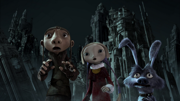 Gwizdo and friends in front of a dark castle