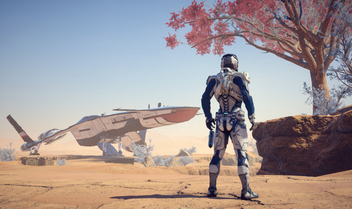Scott Ryder and ship on desert planet
