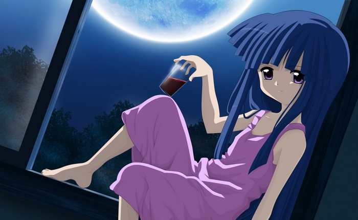 Furude Rika sitting by a window with a drink