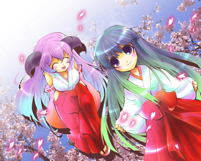 Two anime girls with horns and long hair under cherry blossoms