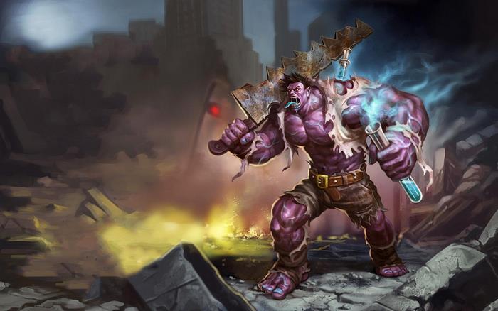 Dr. Mundo from League of Legends in a ruined city