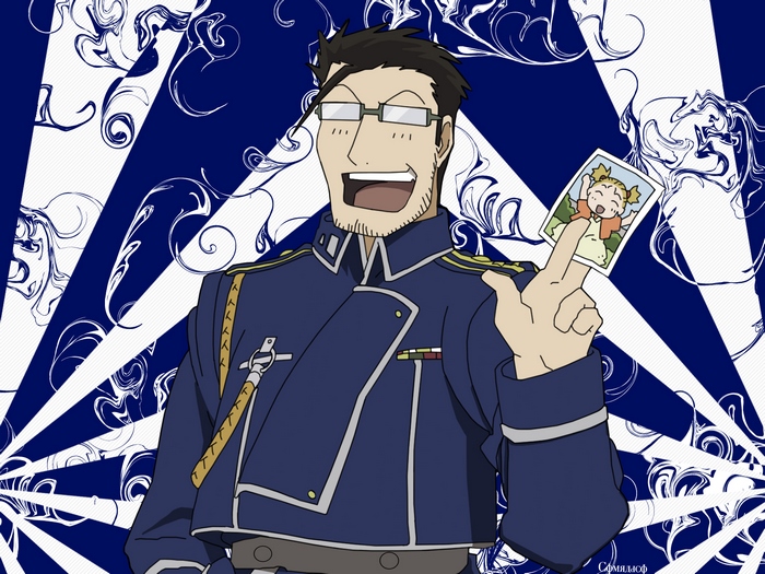 Maes Hughes from Fullmetal Alchemist holding a photo