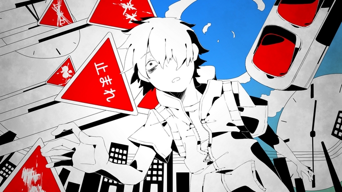 Anime boy with stop signs and traffic lights
