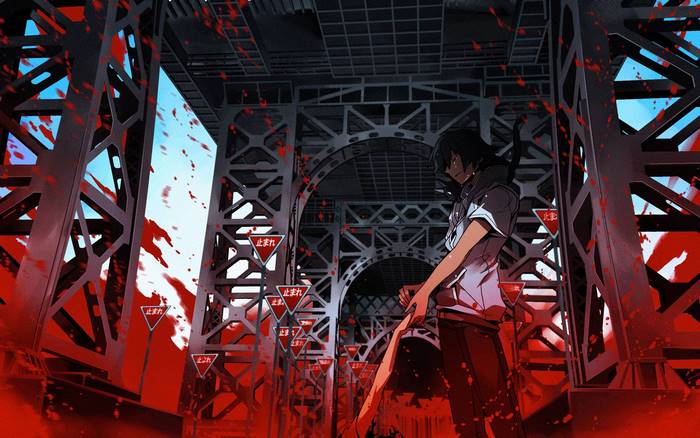Hibiya Amamiya in a blood-splattered industrial setting