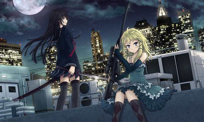 Kisara Tendo with sniper rifle on rooftop