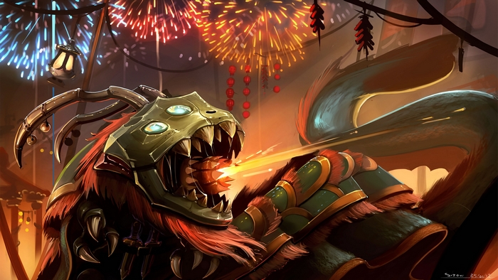 Kog'Maw from League of Legends celebrating with fireworks