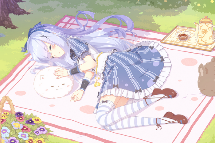Tippy from Is The Order A Rabbit? sleeping on a picnic blanket