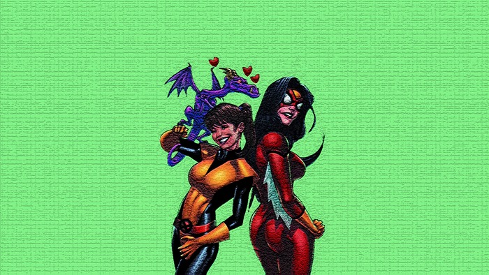 Kitty Pryde and Spider-Woman with a dragon