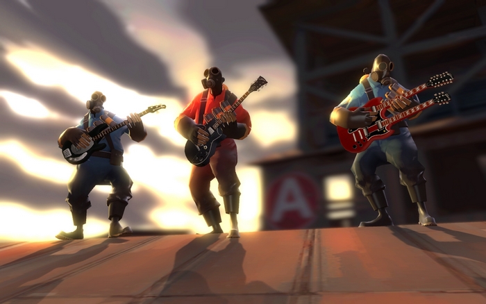 Three Pyros from Team Fortress playing guitars