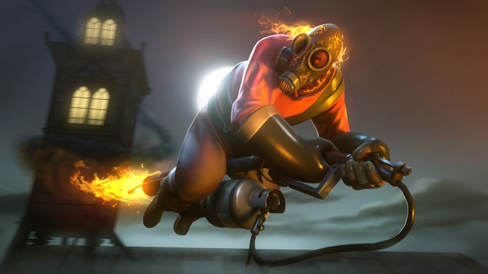 Pyro from Team Fortress flying with flamethrower