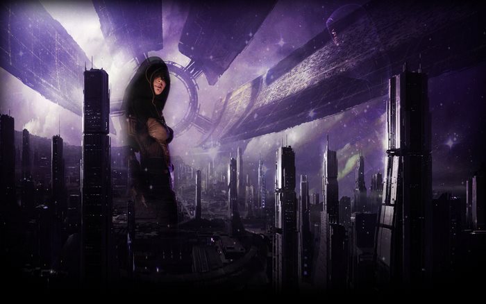 Kasumi Goto from Mass Effect in a futuristic city