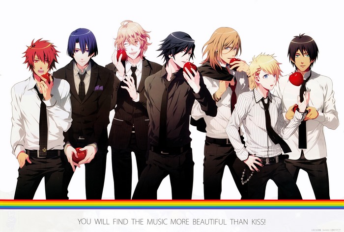 Seven men in suits holding apples
