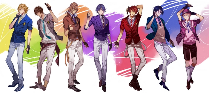 Group of seven anime boys in stylish outfits