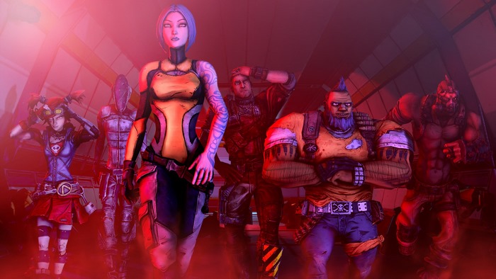Borderlands characters in a red-lit room